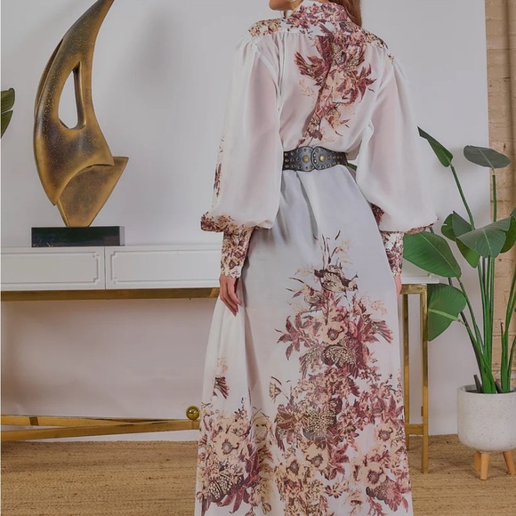 Itoo Italy Floral Maxi Shirt Dress Sheer Long Sleeve Belted Size Large - Picture 2 of 11